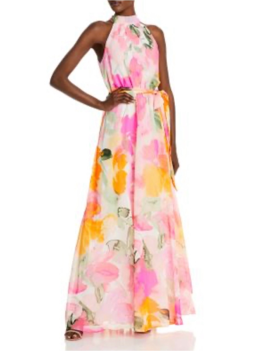 Eliza J Halter Floral Maxi Dress in Pink, Yellow & Green